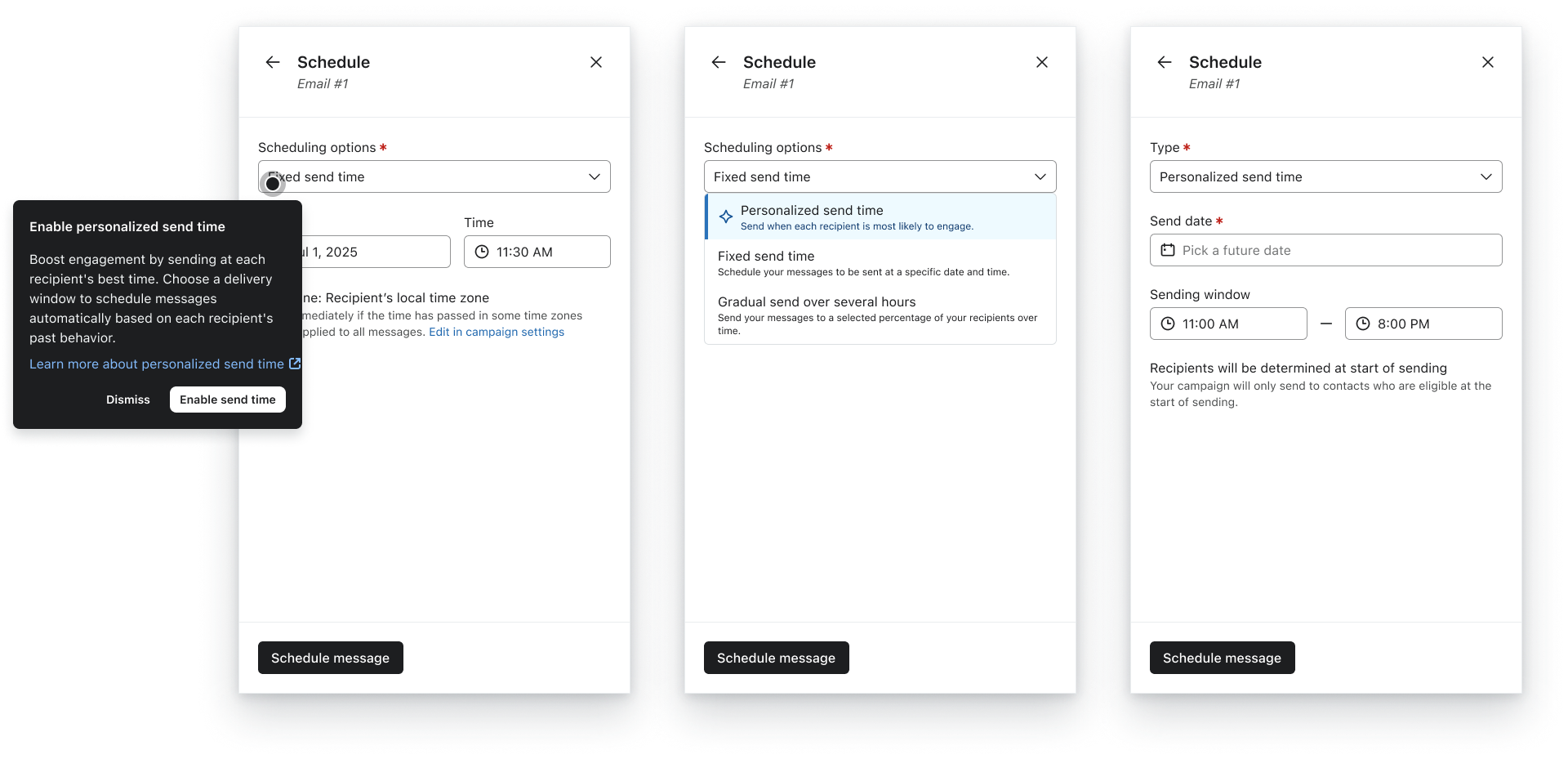 Personalized send time dropdown entry point in scheduling